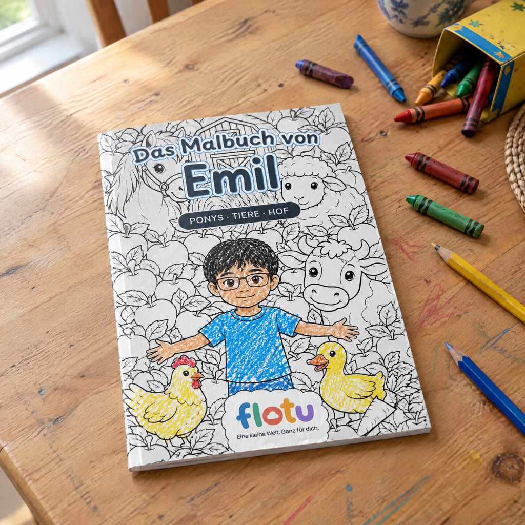 Das gedruckte Malbuch „Bauernhof & Pferdehof“ mit dem Namen Emil auf dem Cover