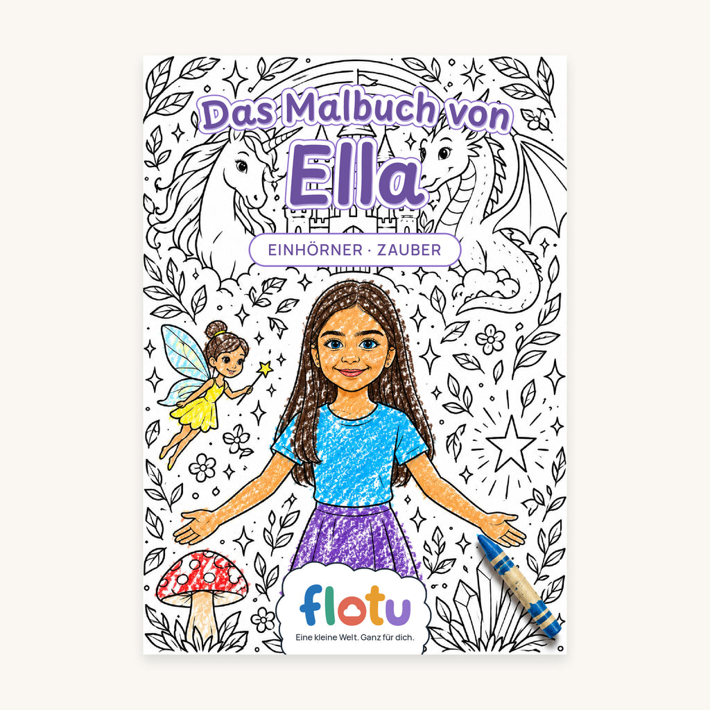 Das Cover des Malbuchs „Einhorn & Zauberwelt“ mit dem Namen Ella