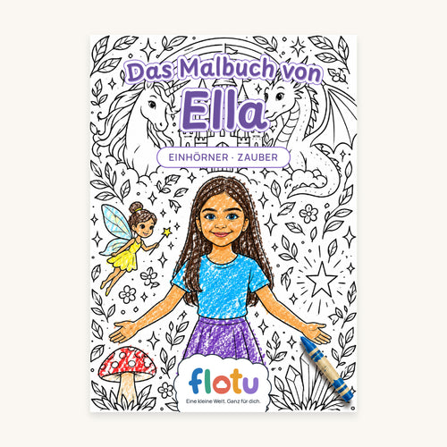 Das Cover des Malbuchs „Einhorn & Zauberwelt“ mit dem Namen Ella