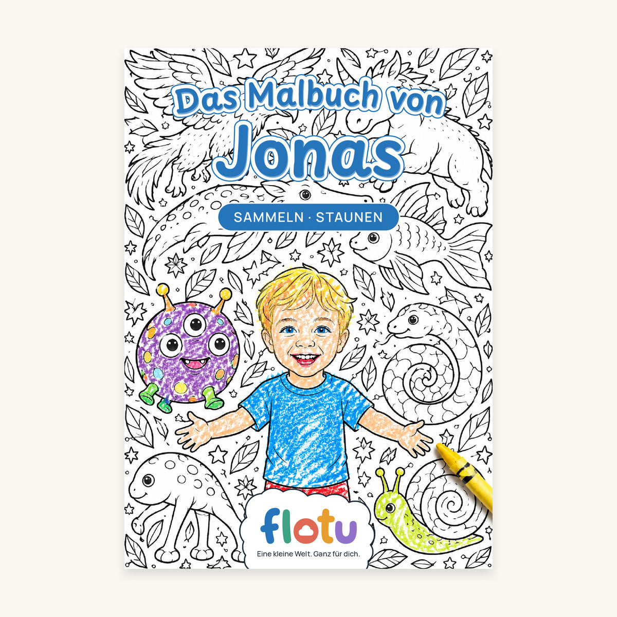 Das Cover des Malbuchs „Fabelwesen-Sammlung“ mit dem Namen Jonas
