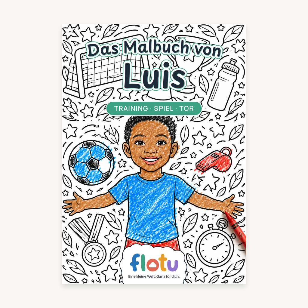 Das Cover des Malbuchs „Fußball“ mit dem Namen Luis