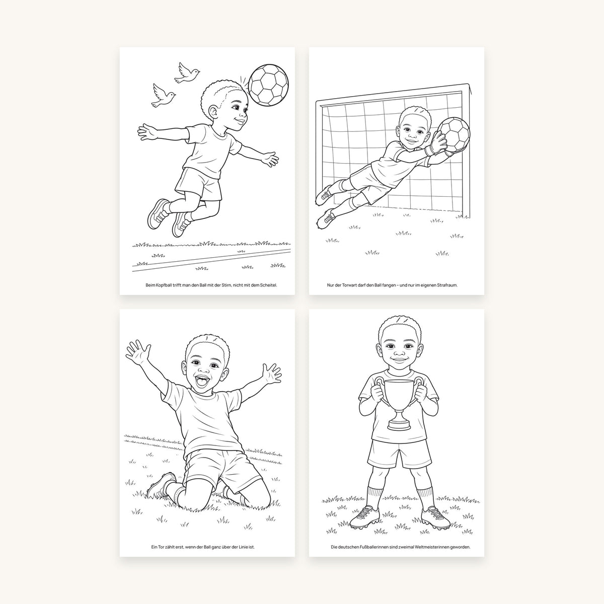 Vier Ausmalbilder aus dem Malbuch „Fußball“, auf jedem ist Luis