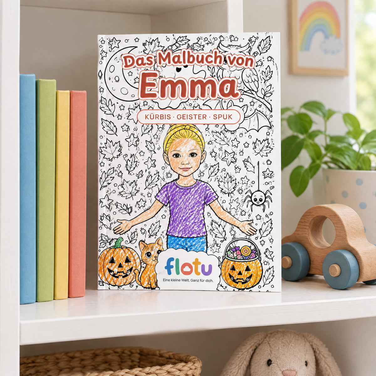 Das gedruckte Malbuch „Halloween“ mit dem Namen Emma auf dem Cover