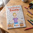 Das gedruckte Malbuch „Halloween“ mit dem Namen Emma auf dem Cover