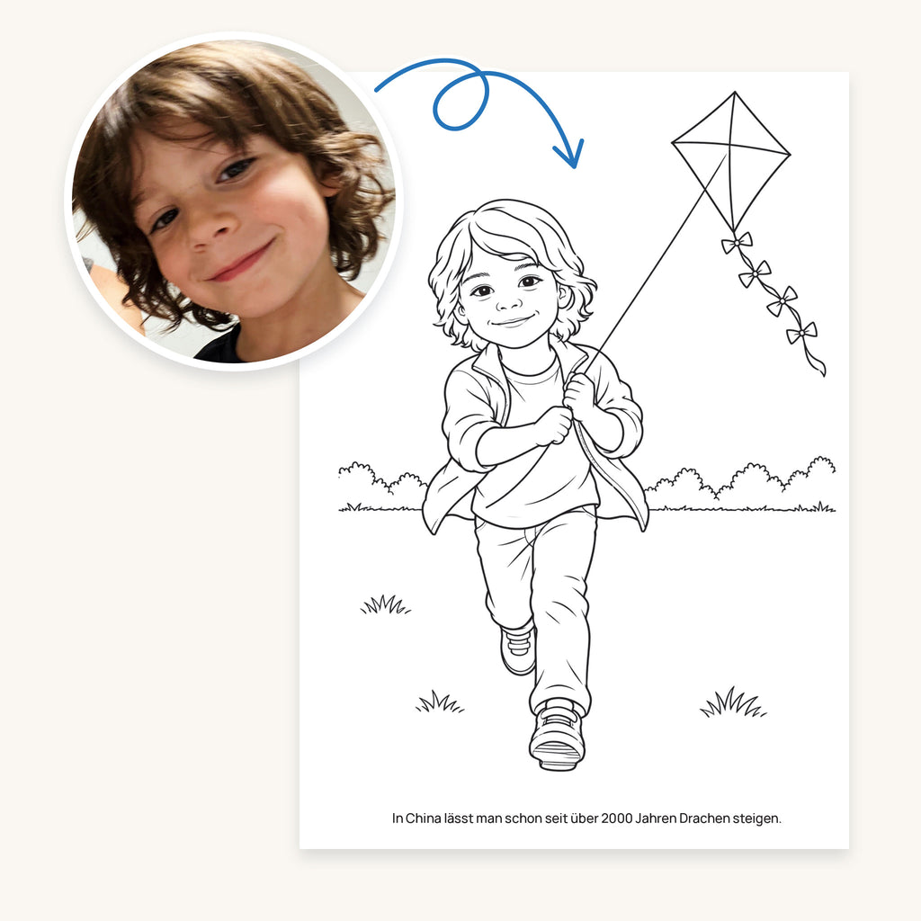Links das Foto von Matheo, rechts die Figur, die wir daraus zeichnen