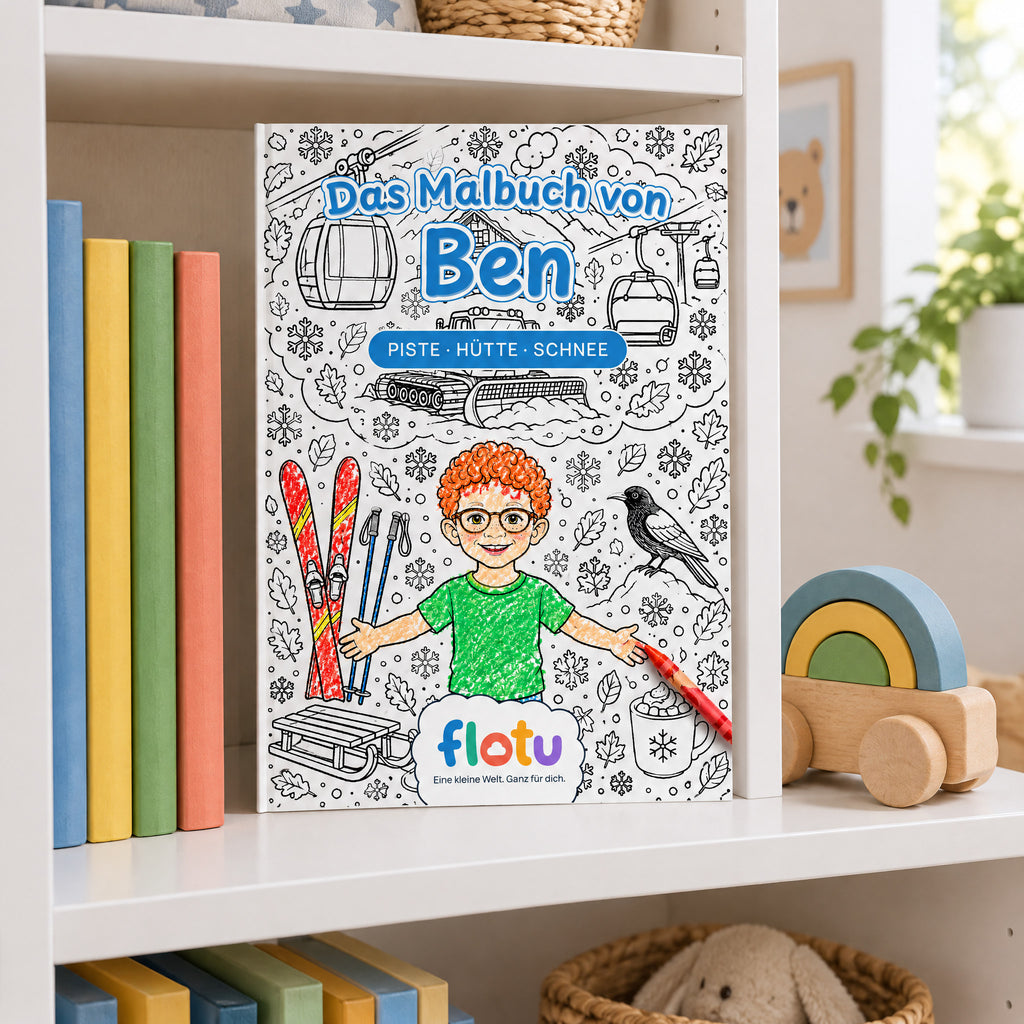 Das gedruckte Malbuch „Skiurlaub“ mit dem Namen Ben auf dem Cover