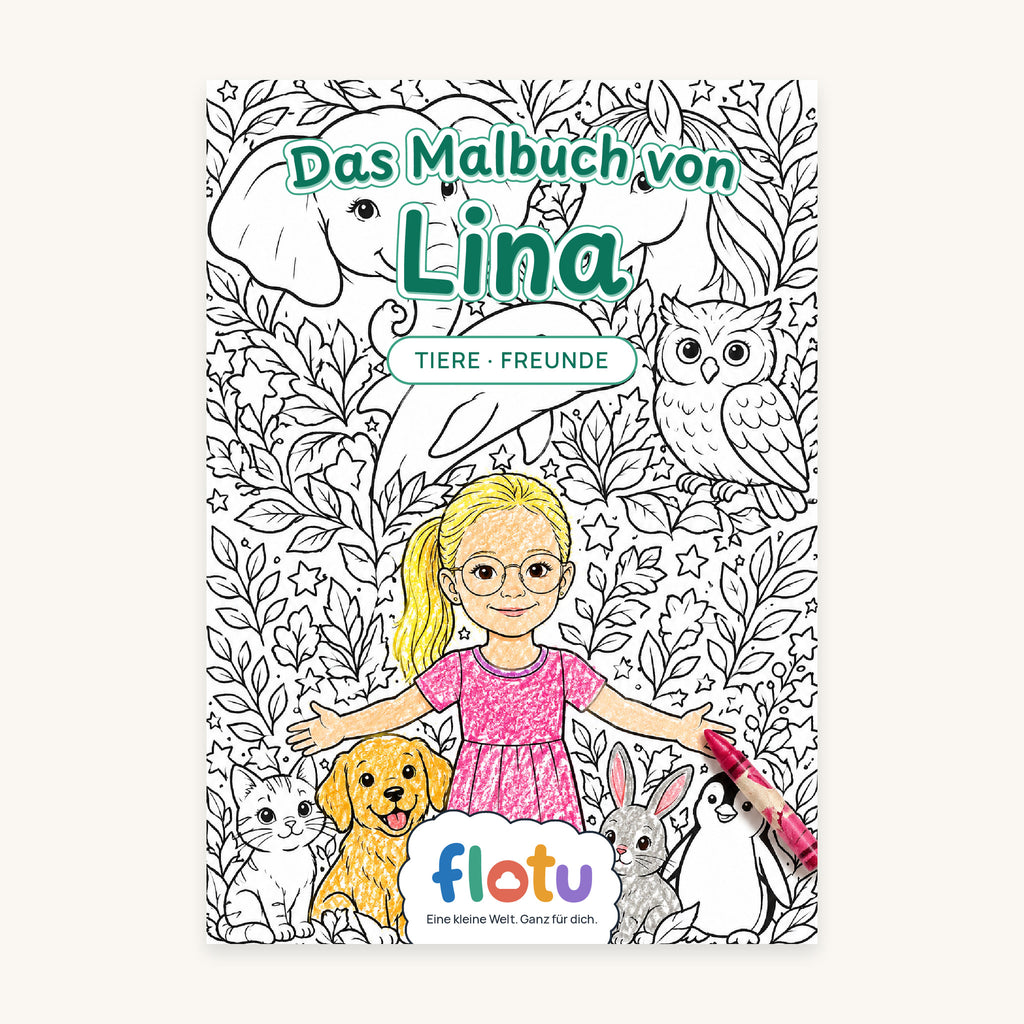 Das Cover des Malbuchs „Tierfreunde“ mit dem Namen Lina