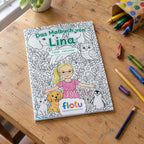 Das gedruckte Malbuch „Tierfreunde“ mit dem Namen Lina auf dem Cover