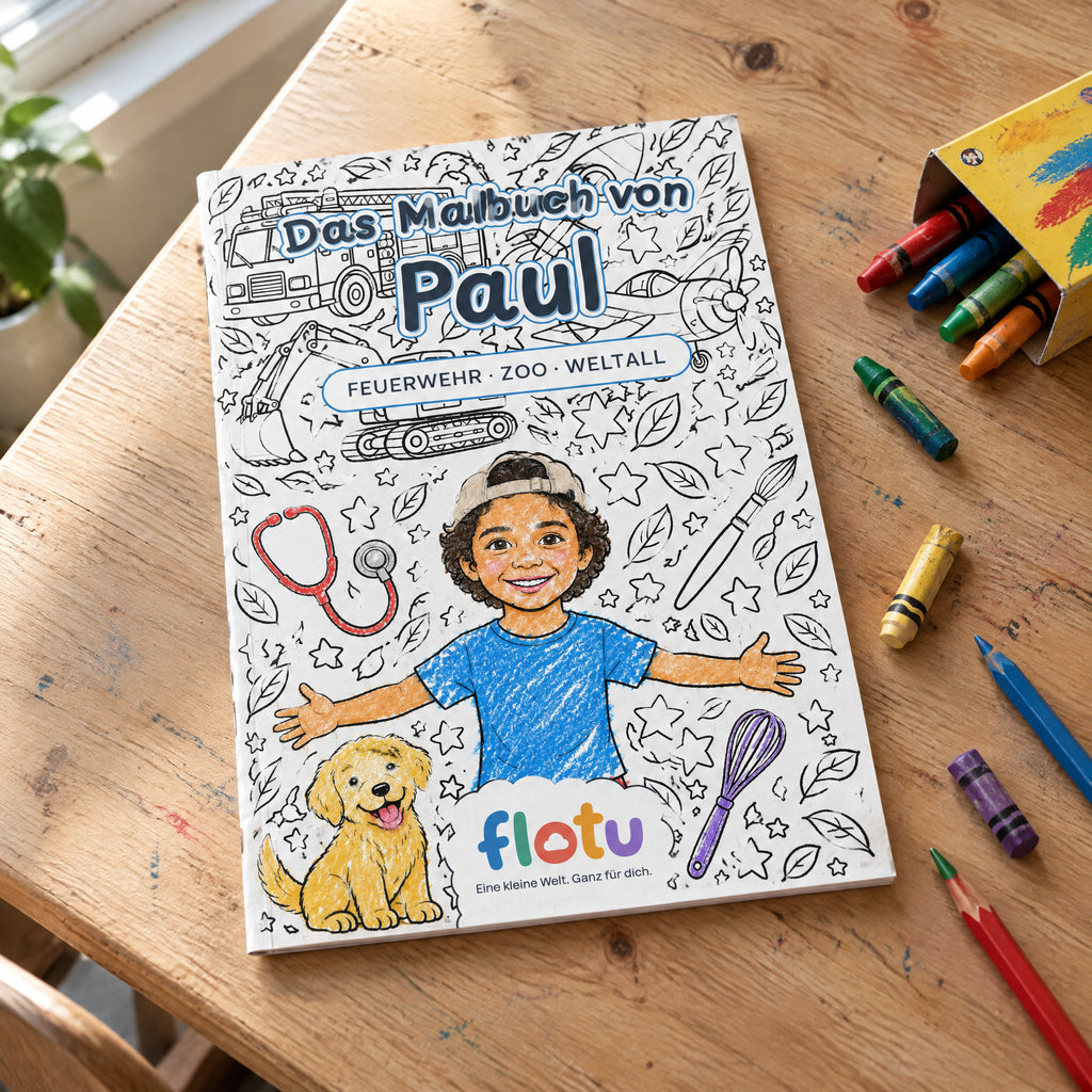 Das gedruckte Malbuch „Traumberufe“ mit dem Namen Paul auf dem Cover