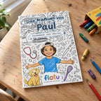 Das gedruckte Malbuch „Traumberufe“ mit dem Namen Paul auf dem Cover