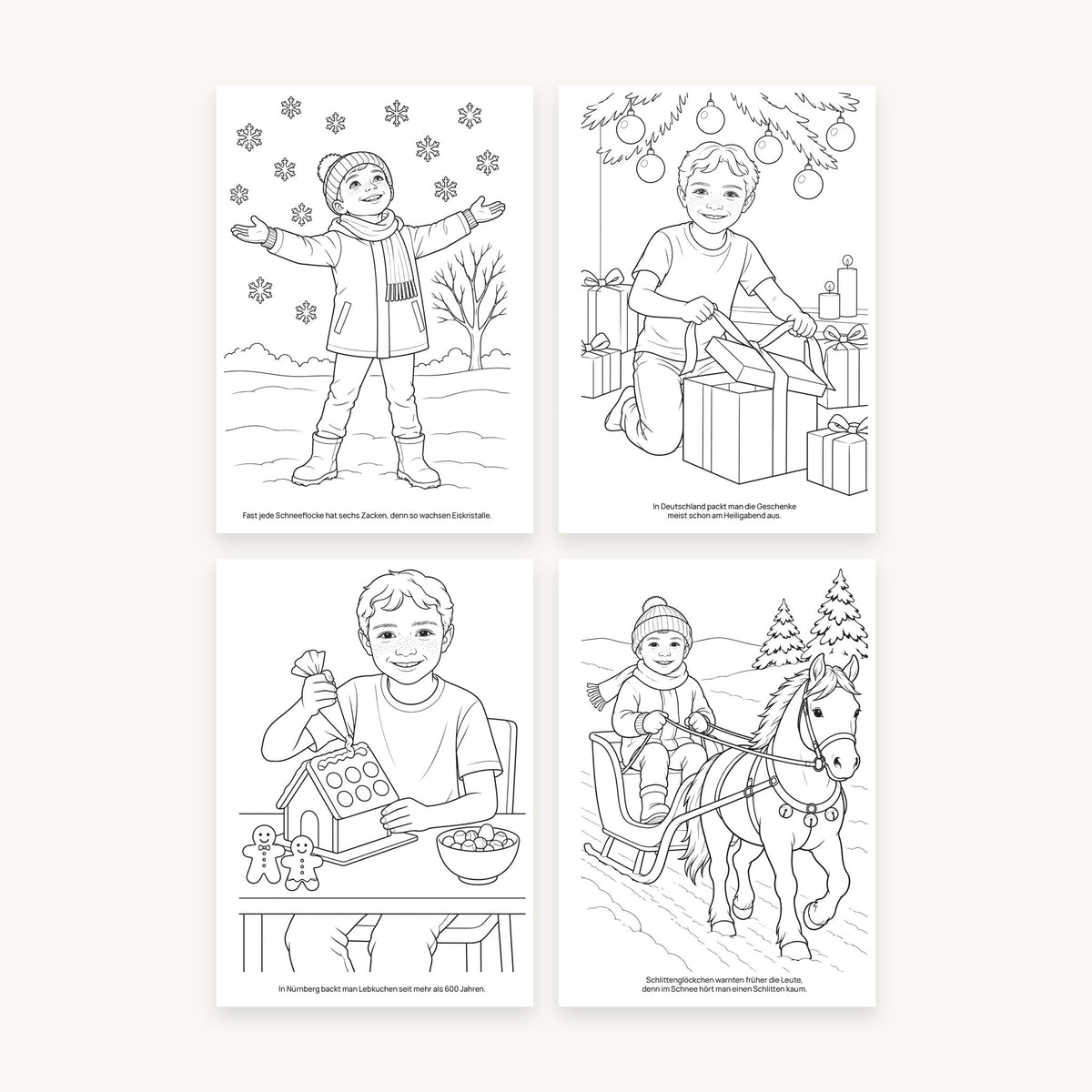 Vier Ausmalbilder aus dem Malbuch „Weihnachten“, auf jedem ist Luca