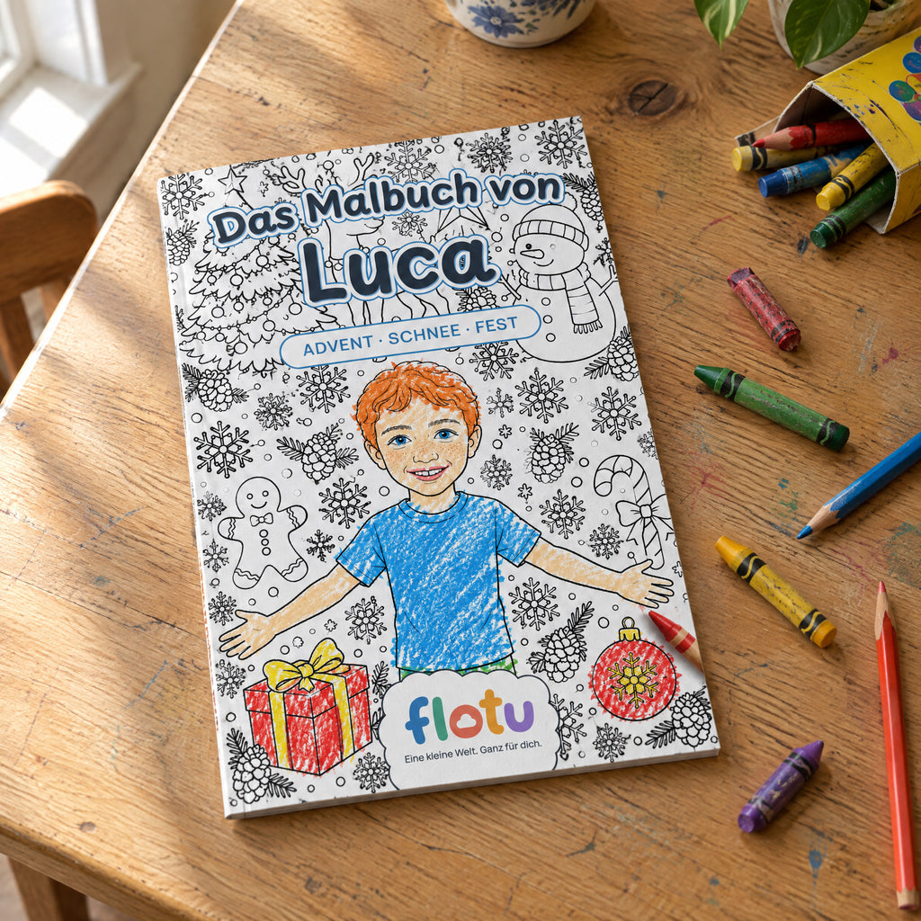 Das gedruckte Malbuch „Weihnachten“ mit dem Namen Luca auf dem Cover