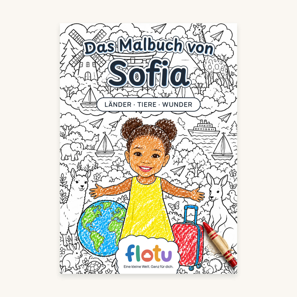 Das Cover des Malbuchs „Weltreise“ mit dem Namen Sofia