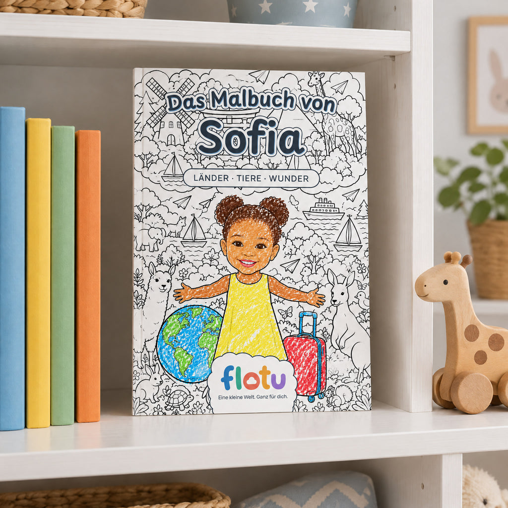 Das gedruckte Malbuch „Weltreise“ mit dem Namen Sofia auf dem Cover